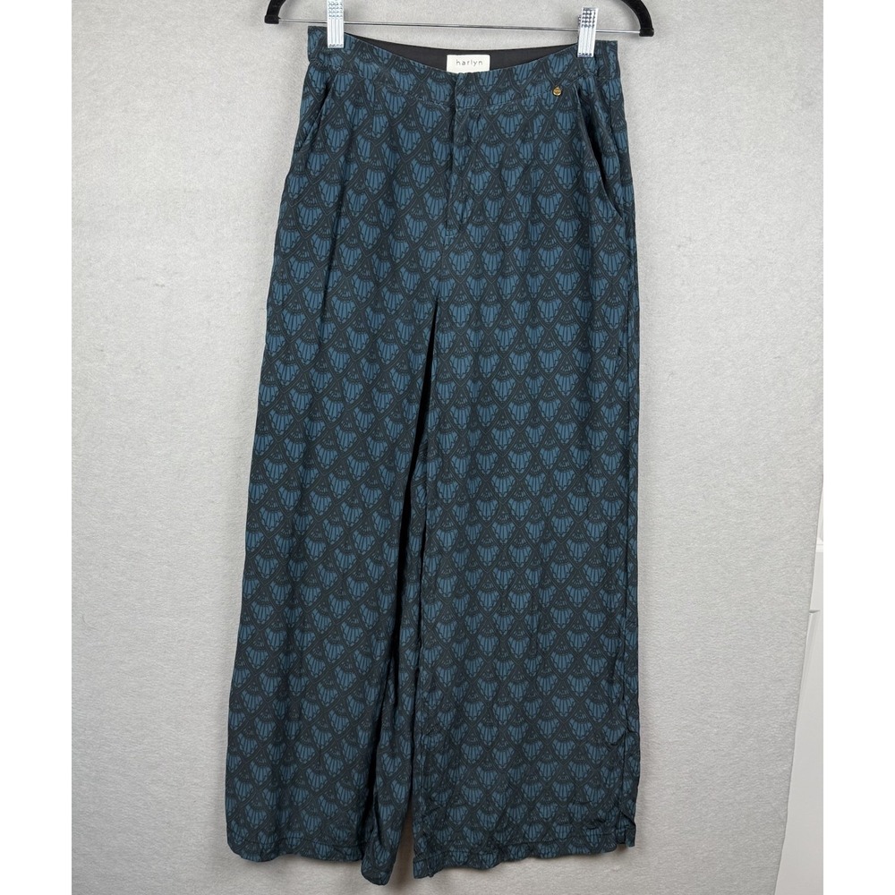 Harlyn Anthropologie Women's Teal‎ and Black Print Silk Straight Leg Pants Sz 4